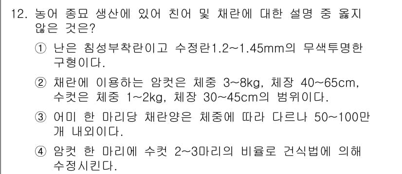 수산양식산업기사 2015년 12번 - 정답과 핵심 포인트를 검수 중인 기출문제