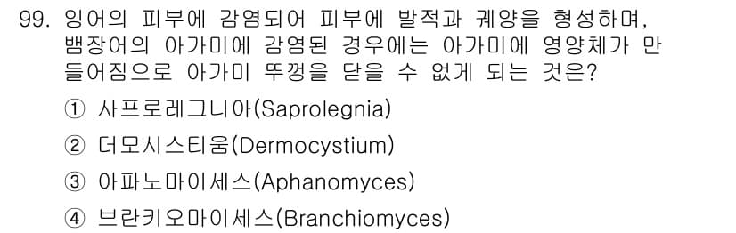수산양식산업기사 2015년 99번 - 정답은 2번 더모스타이둠(Dermocystidium)입니다. 이 균은 피... 에 관한 핵심 기출문제