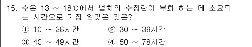 수산양식산업기사 2016년 15번 - 정답 4번(50 ~ 78시간)은 수온 13 ~ 18도에서 수조의 수질 정... 에 관한 핵심 기출문제