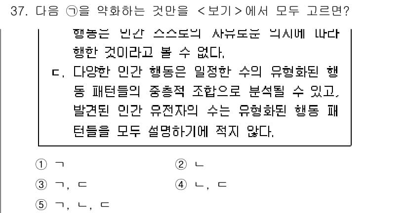 PSAT_언어논리 2017년 37번 - 정답 4번은 다양한 인간 행동이 일정한 수의 유의미한 행동 패턴으로 구성... 에 관한 핵심 기출문제
