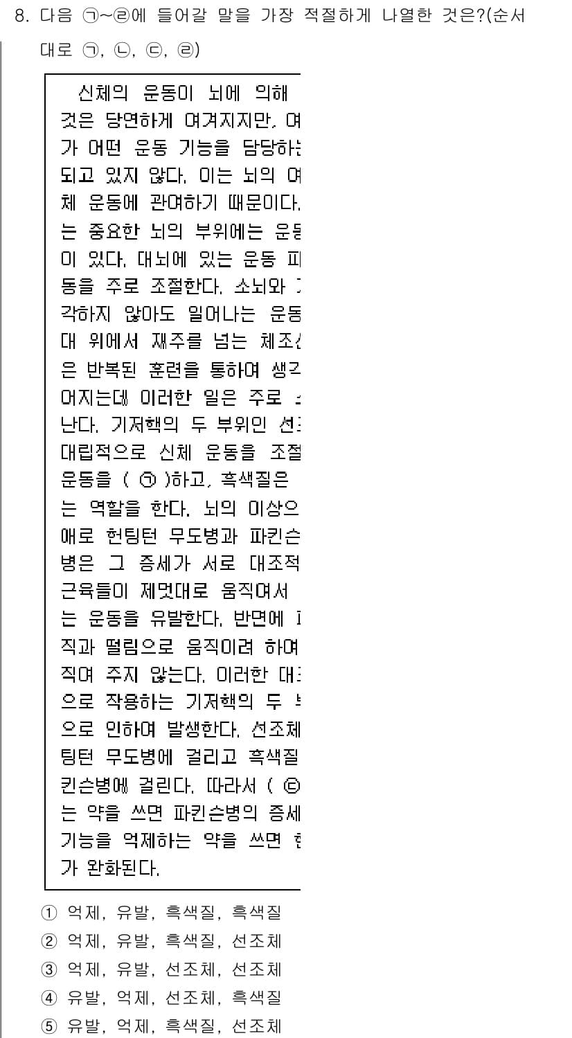 PSAT_언어논리 2018년 8번 - 이유: 문맥상 "드러나는"이 적절한 단어로, 여기에선 신체 운동의 기능이... 에 관한 핵심 기출문제