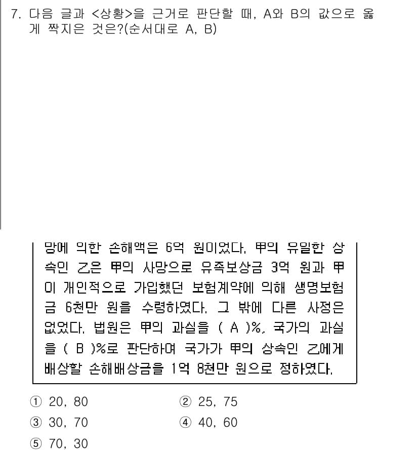 PSAT_상황판단 2016년 7번 - 정답 1의 이유는, 상황에 제시된 조건에서 회사의 유족보상금과 국가의 기... 에 관한 핵심 기출문제