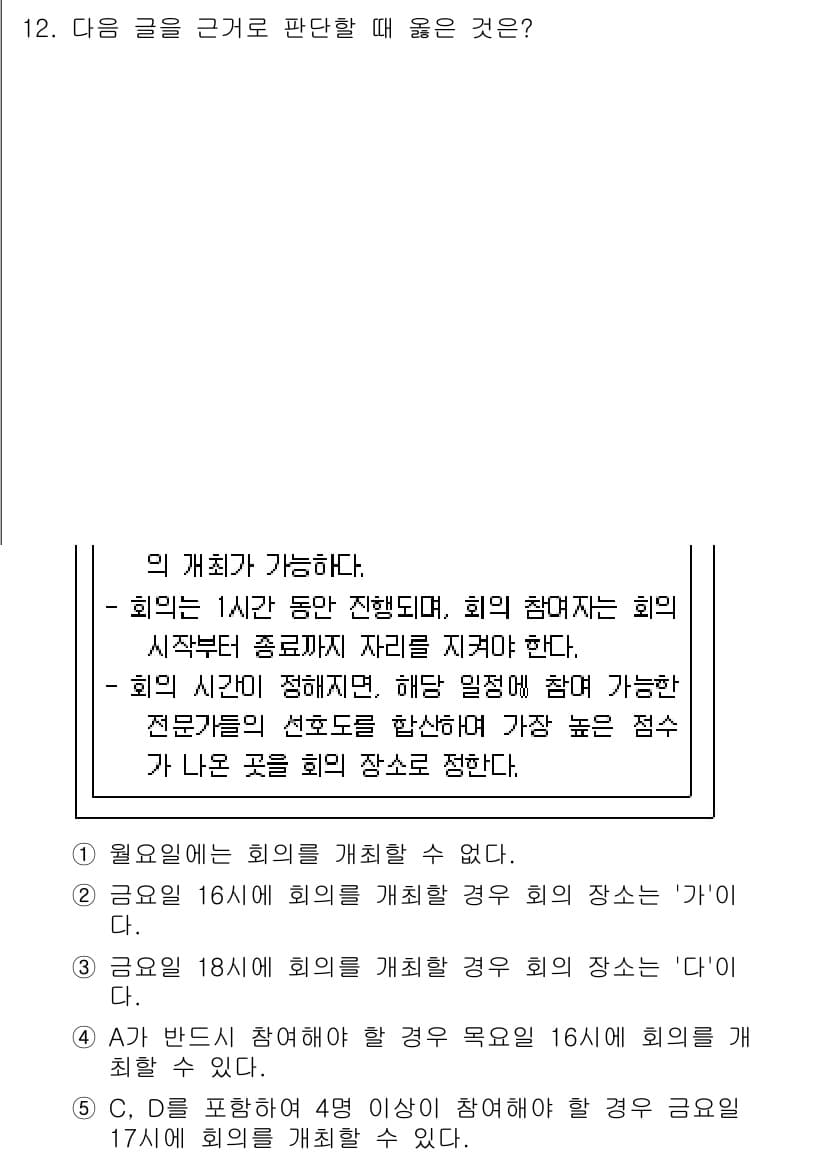 PSAT_상황판단 2019년 12번 - 정답 5번은 회의가 16시에 시작되므로 1시간 동안 진행할 경우, 회의 ... 에 관한 핵심 기출문제