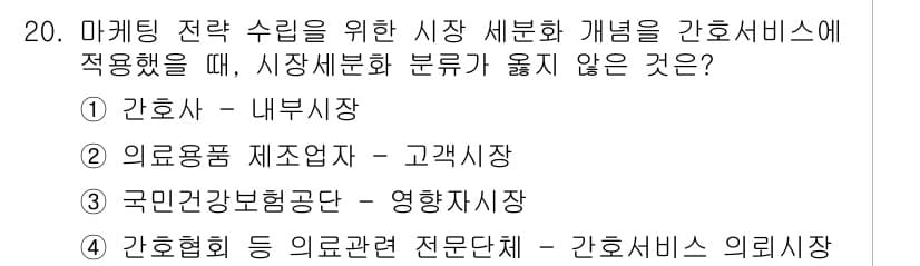 9급_지방직_공무원_서울시_간호관리(8급) 2015년 20번 - 의료용품 제조업체는 제품을 생산하고 판매하는 기업이며, 간호서비스와는 직... 에 관한 핵심 기출문제