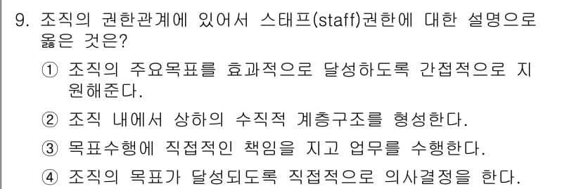 9급_지방직_공무원_서울시_간호관리(8급) 2016년 9번 - 정답인 이유: 스태프(staff) 권한은 조직의 주요 목표를 효율적으로 ... 에 관한 핵심 기출문제