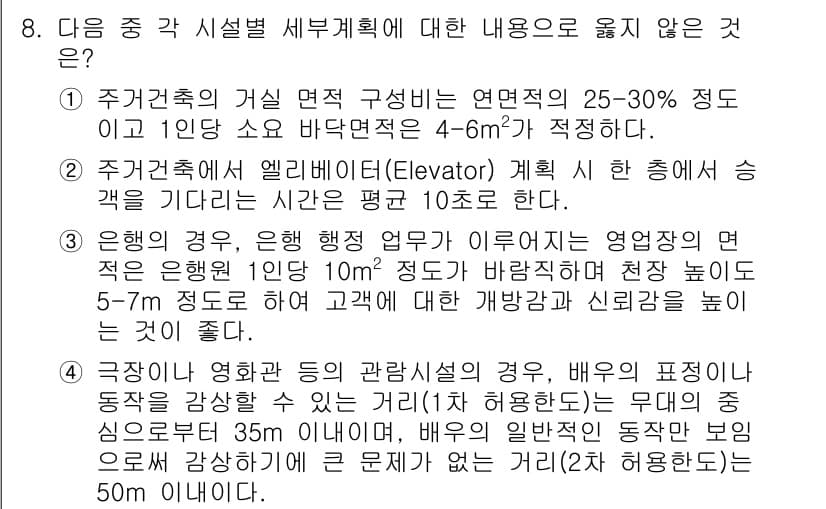 9급_지방직_공무원_서울시_건축계획 2015년 8번 - 정답 4번은 "극장이나 회의실 등의 관계 시설들은 그 넓이, 배유의 패턴... 에 관한 핵심 기출문제
