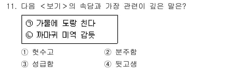 9급_지방직_공무원_서울시_국어 2017년 11번 - . "가물에 도랑 쓴다"는 주어진 상황에서 긴급한 필요에 대한 비유로, ... 에 관한 핵심 기출문제