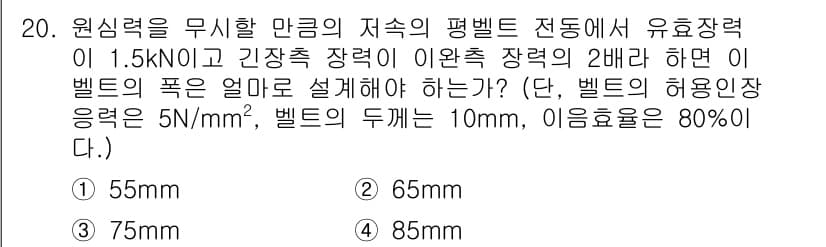 9급_지방직_공무원_서울시_기계설계 2015년 20번 - 주어진 문제에서 벨트의 폭을 구하기 위해, 유효하중과 허용압력을 고려해야... 에 관한 핵심 기출문제