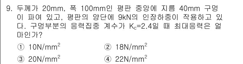 9급_지방직_공무원_서울시_기계설계 2015년 9번 - 주어진 문제에서 기계부 재료의 응력집중계수 \( K_c = 2.4 \)를... 에 관한 핵심 기출문제