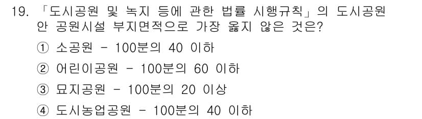 9급_지방직_공무원_서울시_조경계획및생태관리 2018년 19번 - . 소공원 - 100분의 40 이하. 

소공원은 도시공원의 법적 기준에... 에 관한 핵심 기출문제