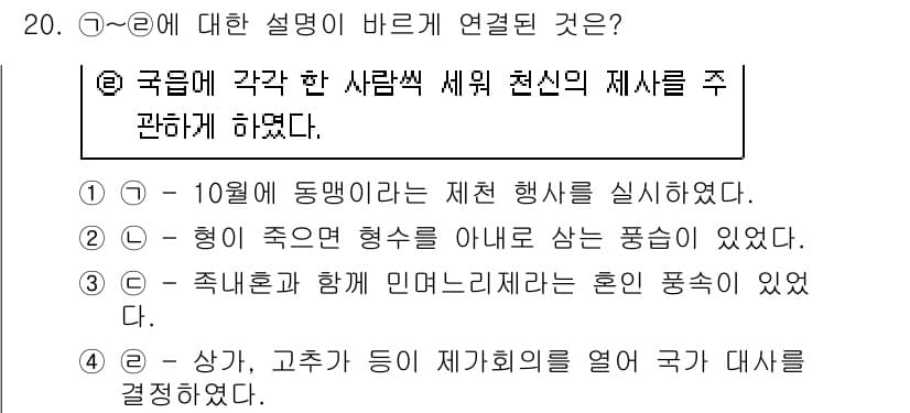 9급_지방직_공무원_서울시_한국사 2017년 20번 - 정답 2번은 '형이 죽었든 형이 없었던 형수와 함께 민원리제라는 혼인 등... 에 관한 핵심 기출문제