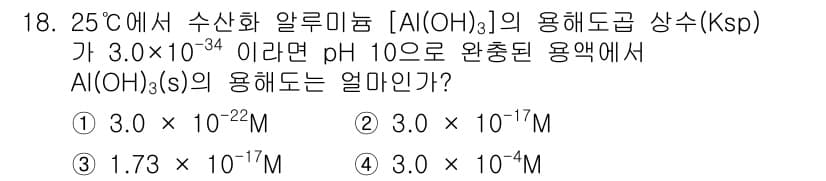 9급_지방직_공무원_서울시_화학 2016년 18번 - 주어진 Ksp 값으로부터 알루미늄 수산화물(Al(OH)3)의 용해도를 계... 에 관한 핵심 기출문제