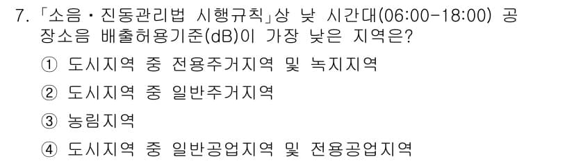 9급_지방직_공무원_서울시_환경공학개론 2018년 7번 - 소음 및 진동관리법에서 공장소음의 배출허용기준은 지역에 따라 달라지며, ... 에 관한 핵심 기출문제