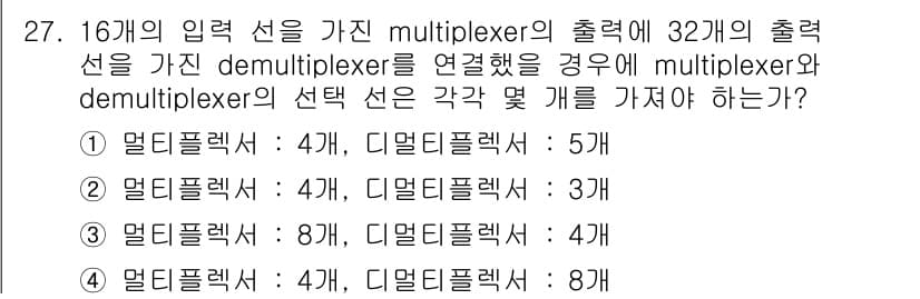 정보처리기사 2016년 27번 - 정답인 이유: 멀티플렉서는 여러 입력 중 하나를 선택해 출력하는 장치로,... 에 관한 핵심 기출문제