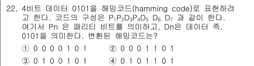 정보처리기사_필기 2016년 22번 - 해밍코드(Hamming Code)는 오류 검출 및 수정 기능을 제공하는 ... 에 관한 핵심 기출문제