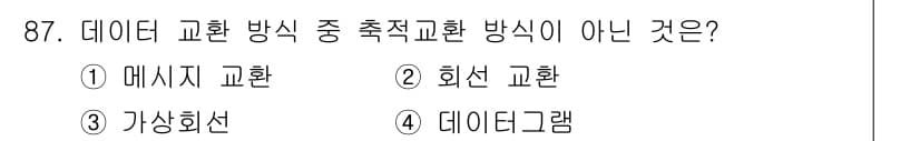 정보처리기사(구) 2017년 87번 - 정답은 2번(회선 교환)입니다. 데이터 교환 방식 중 메시지 교환, 가상... 에 관한 핵심 기출문제