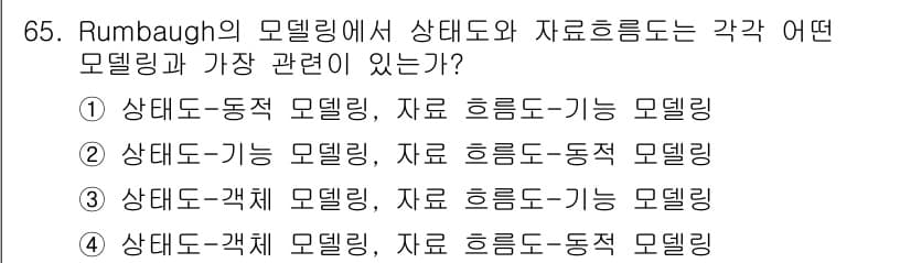 정보처리기사(구) 2019년 65번 - Rumbaugh의 모델링에서는 객체 지향 설계에서 상태도와 데이터 흐름이... 에 관한 핵심 기출문제