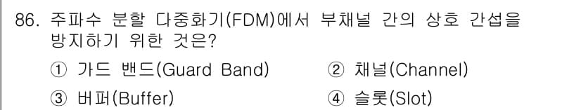 정보처리기사 2019년 86번 - . 가드 밴드(Guard Band)

가드 밴드는 주파수 대역 간의 간섭... 에 관한 핵심 기출문제