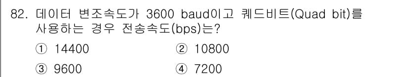 정보처리기사_필기 2019년 82번 - 전송 속도(bps)는 변조 속도(baud)와 코드 비트 수의 곱으로 계산... 에 관한 핵심 기출문제