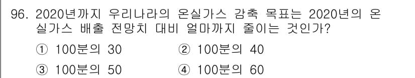 신재생에너지발전설비기사 2016년 97번 - 2020년까지 우리나라의 온실가스 감축 목표는 2020년의 온실가스 배출... 에 관한 핵심 기출문제