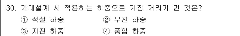 신재생에너지발전설비기사 2018년 30번 - 정답은 2번 우천 하중입니다. 우천 시 기계설비의 안전성을 확보하기 위해... 에 관한 핵심 기출문제