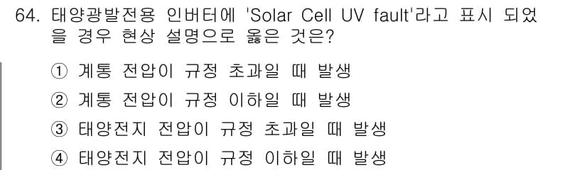 신재생에너지발전설비기사(구) 2019년 64번 - 문제에서 언급된 "Solar Cell UV fault"는 태양광 발전 시... 에 관한 핵심 기출문제