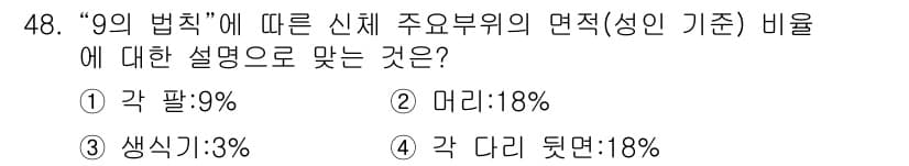 화재감식평가산업기사 2020년 48번 - '9의 법칙'은 신체 주요부위의 면적 비율을 나타내는 법칙으로, 각 팔은... 에 관한 핵심 기출문제