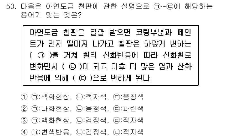 화재감식평가산업기사 2020년 50번 - . 

이유: 아왕도고 철판에서 열 및 고온에서의 물리적 변화가 설명되어... 에 관한 핵심 기출문제