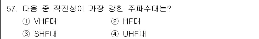 전파전자통신기사 2015년 57번 - 정답은 3. SHF대입니다. SHF대는 주파수 대역이 3GHz에서 30G... 에 관한 핵심 기출문제
