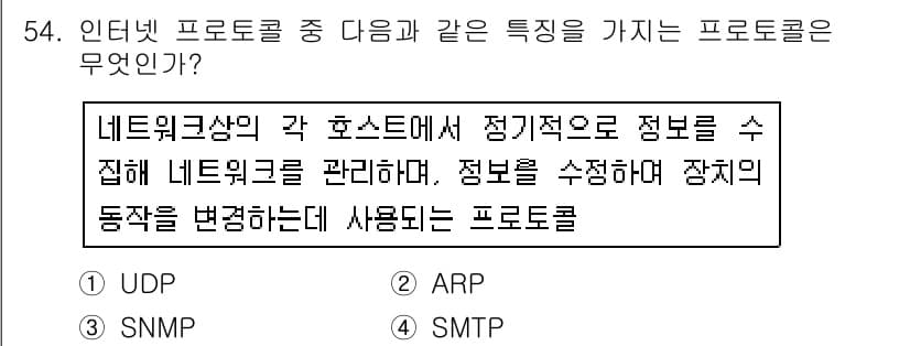 워드프로세서_(구_1급) 2020년 54번 - 정답 '3' SNMP는 네트워크 상의 호스트에서 정보를 정기적으로 수집하... 에 관한 핵심 기출문제