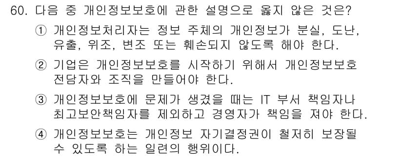 워드프로세서_(구_1급) 2020년 60번 - 개인정보보호에 관한 설명 중 '4'가 옳지 않은 이유는 개인정보보호는 단... 에 관한 핵심 기출문제
