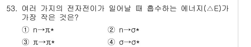 화학분석기사(구) 2015년 54번 - 정답이 '2'인 이유는 n 전자에서 σ* 전자로의 전이 과정이 가장 에너... 에 관한 핵심 기출문제