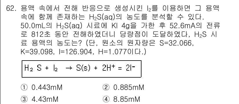 화학분석기사(구) 2015년 63번 - H₂S의 농도를 구하기 위해 전기화학적 반응과 전하의 법칙을 사용합니다.... 에 관한 핵심 기출문제