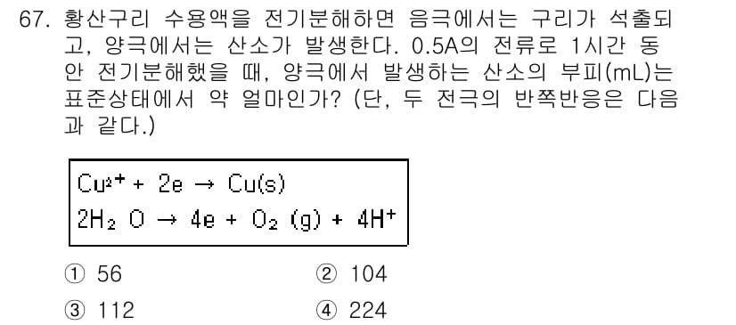화학분석기사(구) 2015년 68번 - 주어진 문제는 전기분해를 통해 생긴 산소의 부피를 계산하는 내용입니다. ... 에 관한 핵심 기출문제