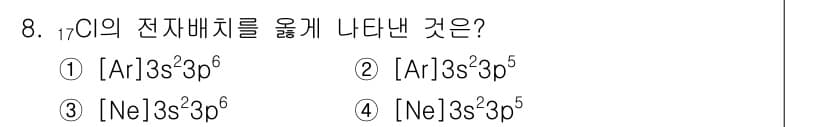 화학분석기사(구) 2015년 8번 - 클로르(Cl)의 원자번호는 17입니다. 전자배치에서 바닥 상태에서는 1s... 에 관한 핵심 기출문제