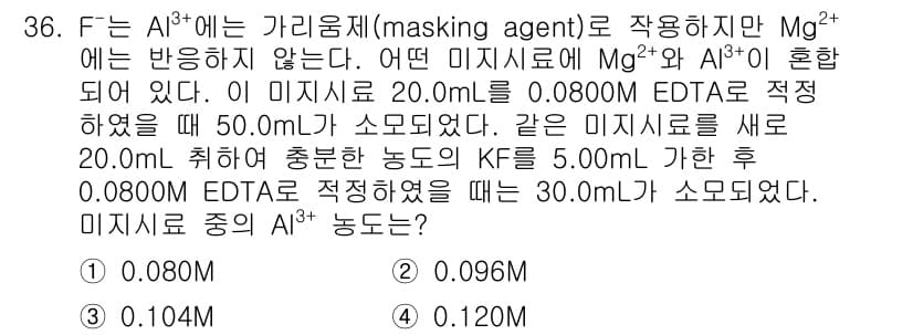 화학분석기사 2015년 37번 - 주어진 문제에서 20.0 mL 미지시료에 0.0800 M EDTA를 적정... 에 관한 핵심 기출문제