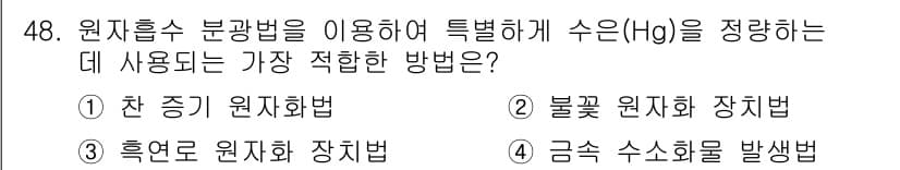 화학분석기사 2015년 49번 - 원자흡수 분광법은 특정 원소를 정량하기 위해 사용되는 기술로, 수은(Hg... 에 관한 핵심 기출문제