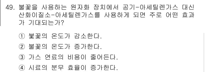 화학분석기사 2015년 50번 - 공기-아세틸렌가스 대신 가스 연료인 수소를 사용하면 불꽃의 온도가 감소하... 에 관한 핵심 기출문제
