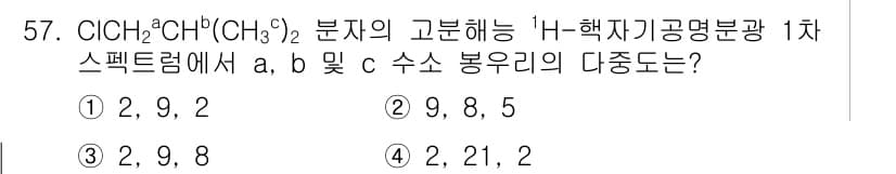 화학분석기사 2015년 58번 - CICL₂CH₂(CH₃)₂의 구조에서 수소 원자의 위치와 환경에 따라 N... 에 관한 핵심 기출문제