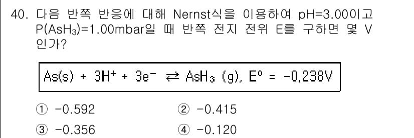 화학분석기사(구) 2016년 41번 - 주어진 반응에서 Nernst 식을 사용하여 전위 E를 구하기 위해 pH와... 에 관한 핵심 기출문제