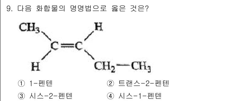 화학분석기사(구) 2016년 9번 - 주어진 화합물은 이중 결합을 가진 알켄입니다. 이 화합물에서 두 가지 치... 에 관한 핵심 기출문제