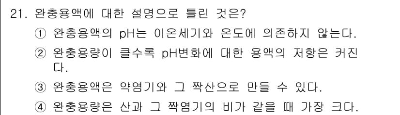 화학분석기사 2016년 21번 - 정답 '1'은 완충용액의 pH가 이온세기와 온도에 의존하지 않는다는 사실... 에 관한 핵심 기출문제