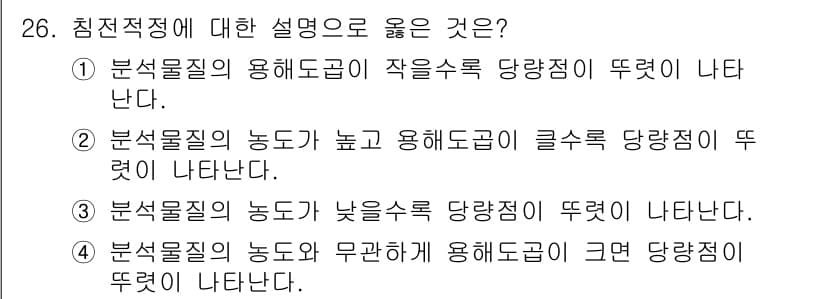 화학분석기사 2016년 26번 - 화학 분석에서 침전 적정은 분석물질의 농도가 특정 조건에서 결정되는 과정... 에 관한 핵심 기출문제