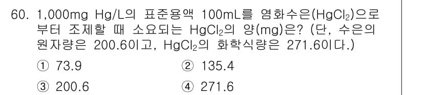 화학분석기사 2016년 61번 - HgCl₂의 화학식량이 271.6 g/mol이고, 1,000 mg/L의 ... 에 관한 핵심 기출문제