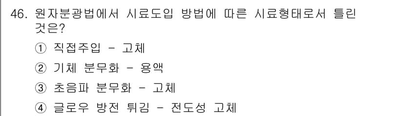 화학분석기사(구) 2017년 47번 - 원자분광법에서 시료의 직접주입 방법은 고체를 직접 분석하는 방식으로, 비... 에 관한 핵심 기출문제