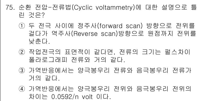 화학분석기사(구) 2017년 76번 - Cyclic voltammetry에서 전압-전류 곡선은 일반적으로 두 가... 에 관한 핵심 기출문제