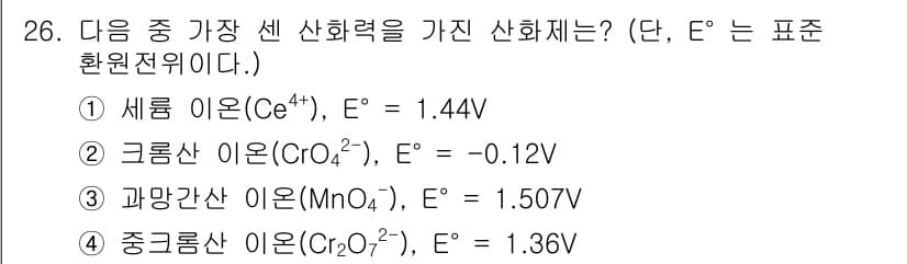 화학분석기사 2017년 27번 - 가장 큰 산화력을 가진 산화제는 전극 전위(E°)가 가장 큰 값을 가지는... 에 관한 핵심 기출문제
