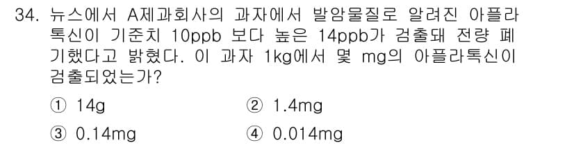 화학분석기사 2017년 35번 - 주어진 문제에서 14ppb(부분백만 농도)는 1kg의 과일에 해당하는 무... 에 관한 핵심 기출문제