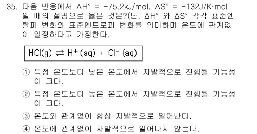 화학분석기사 2017년 36번 - 주어진 반응에서 ΔH가 음수이고 ΔS도 음수로, 이는 반응이 엔탈피 감소... 에 관한 핵심 기출문제