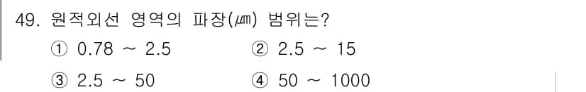 화학분석기사 2017년 50번 - 원적외선 영역의 파장은 일반적으로 2.5~15µm 범위에 해당합니다. 이... 에 관한 핵심 기출문제